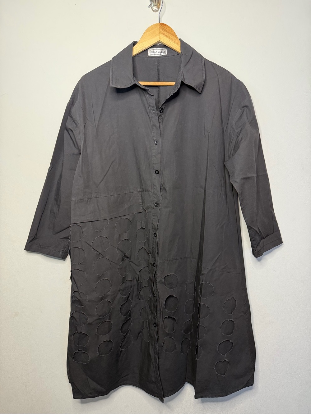 Black Button-Front Long Shirt Dress with Cutout Circle Detail